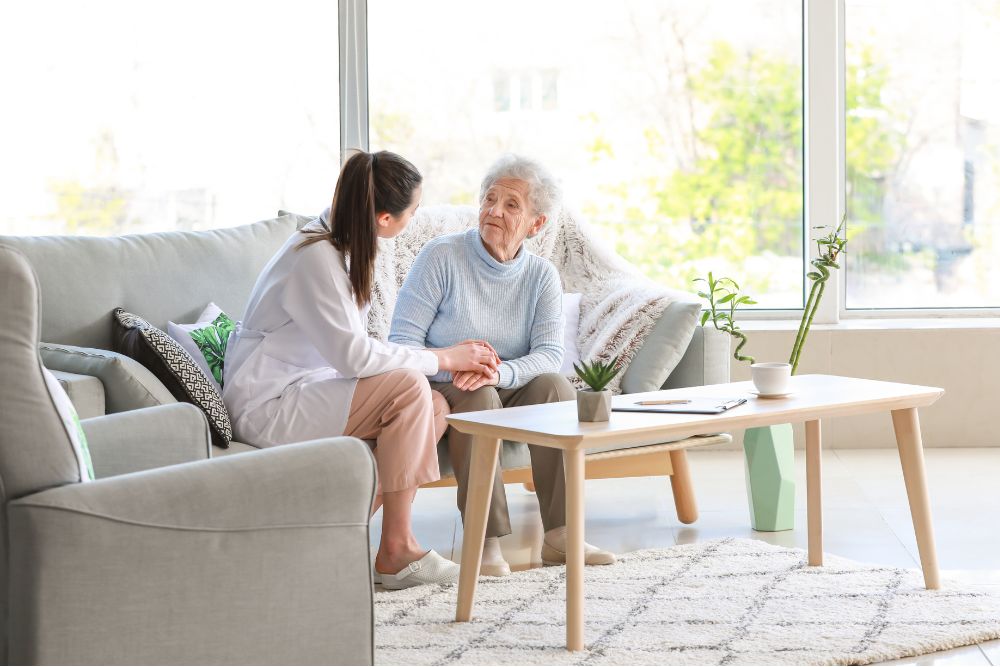 A medical professional discussing nursing home alternatives with a female senior.