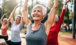 Women participating in a class that specializes in exercises for seniors improve their balance and core strength.