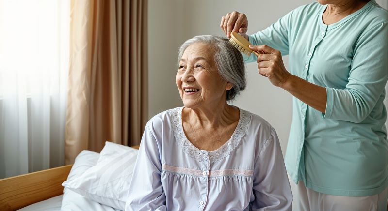 An elderly woman receives personal care services from her in-home caregiver.