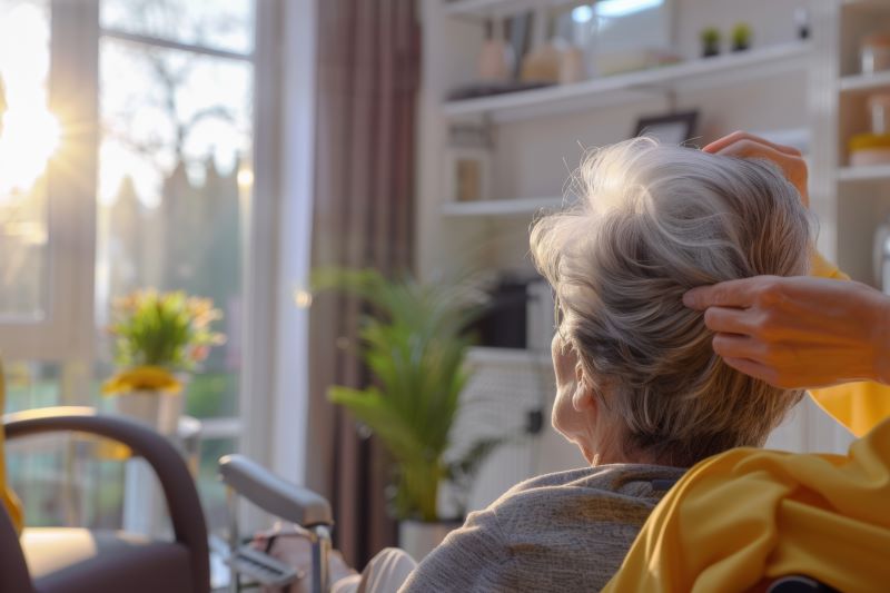 An elderly woman gets help with her hair from a personal care assistant.